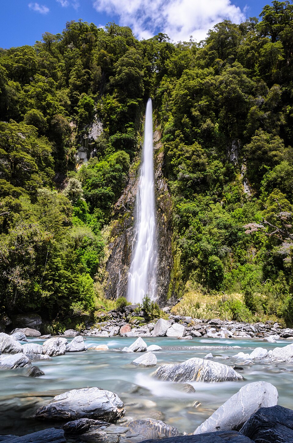 Thunder Creek Falls 96 metre waterfall on Haast Pass road in Mount Aspiring National Park New Zealand