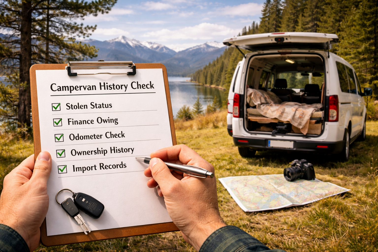 Person checking a campervan listing on a laptop before buying in New Zealand