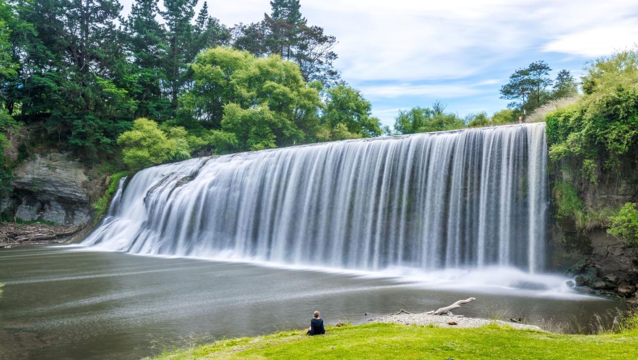 Rere Falls wide shallow waterfall and natural rock waterslide near Gisborne New Zealand